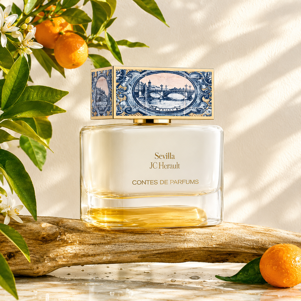 Sevilla de Contes de Parfums, eau de parfum, flacon en mise en scène méditerranéenne avec orangers et azulejos de Séville.