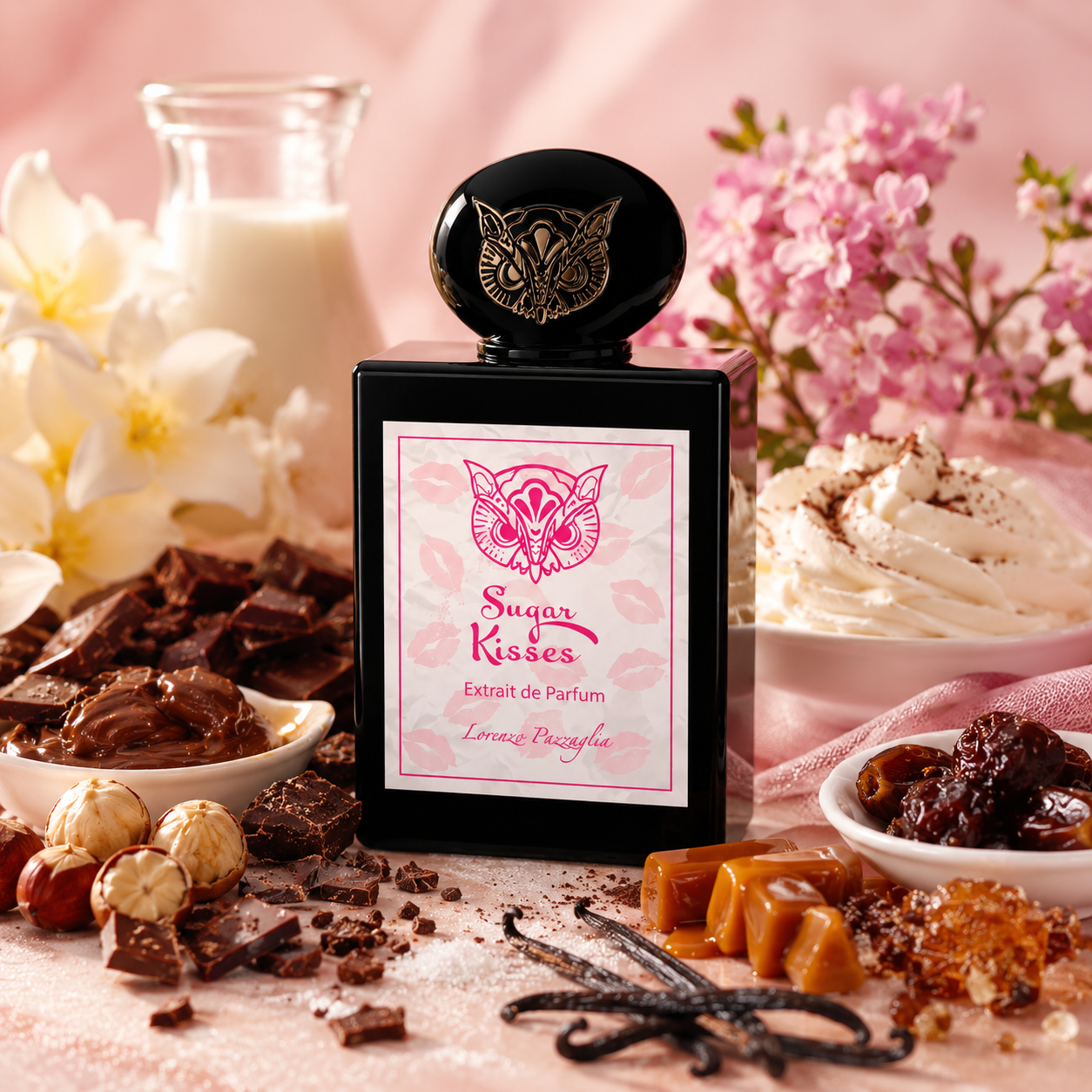 Sugar Kisses de Lorenzo Pazzaglia, extrait de parfum 50 ml, flacon en ambiance avec chocolat, lait, crème fouettée, vanille, caramel, noisettes et dattes.