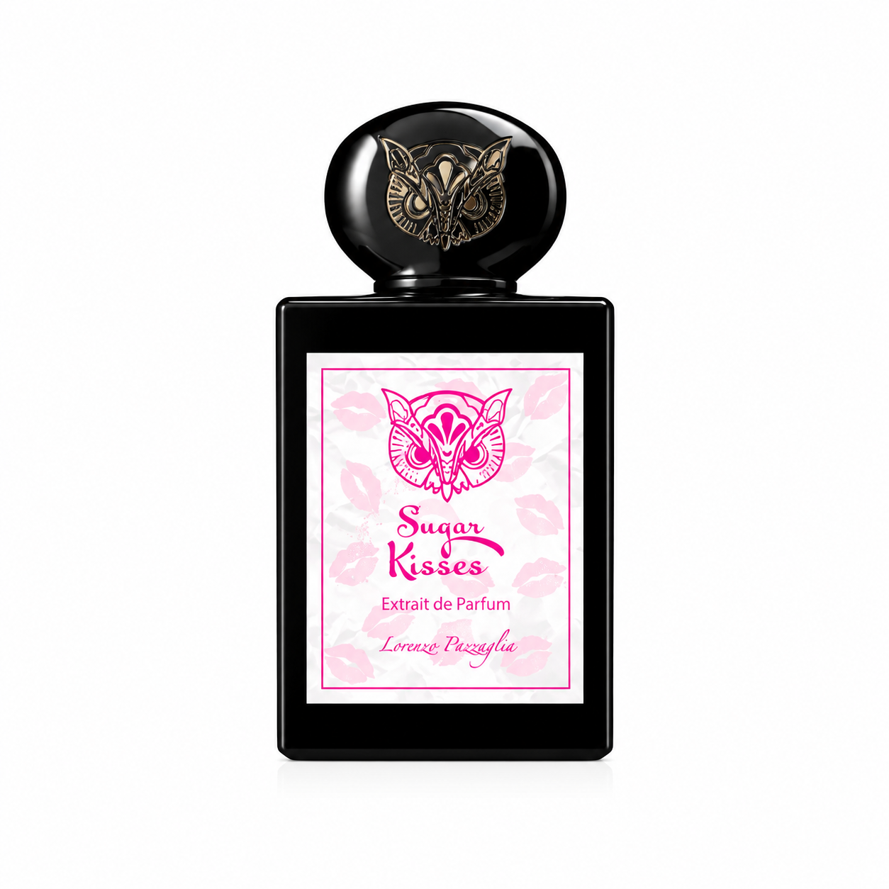 Sugar Kisses de Lorenzo Pazzaglia, extrait de parfum 50 ml, flacon noir sur fond blanc avec étiquette rose et blanche.