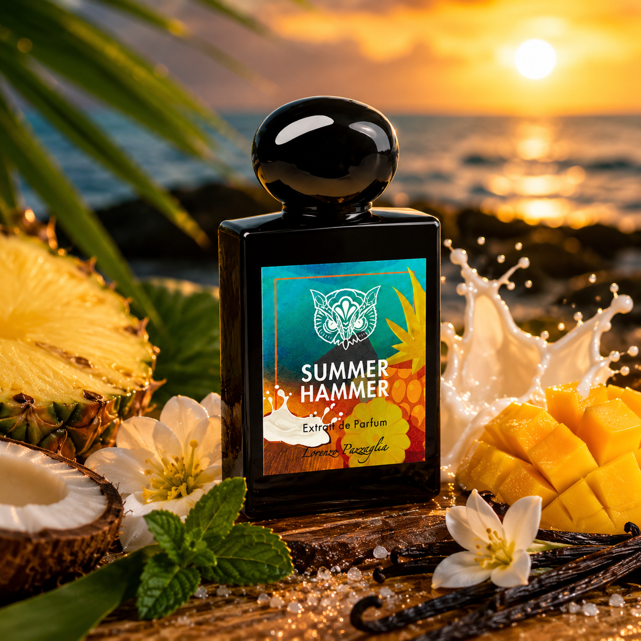 Summer Hammer de Lorenzo Pazzaglia, extrait de parfum 50 ml, flacon en ambiance tropicale avec ananas, mangue, noix de coco, vanille, fleurs blanches, menthe et embruns marins au coucher du soleil.
