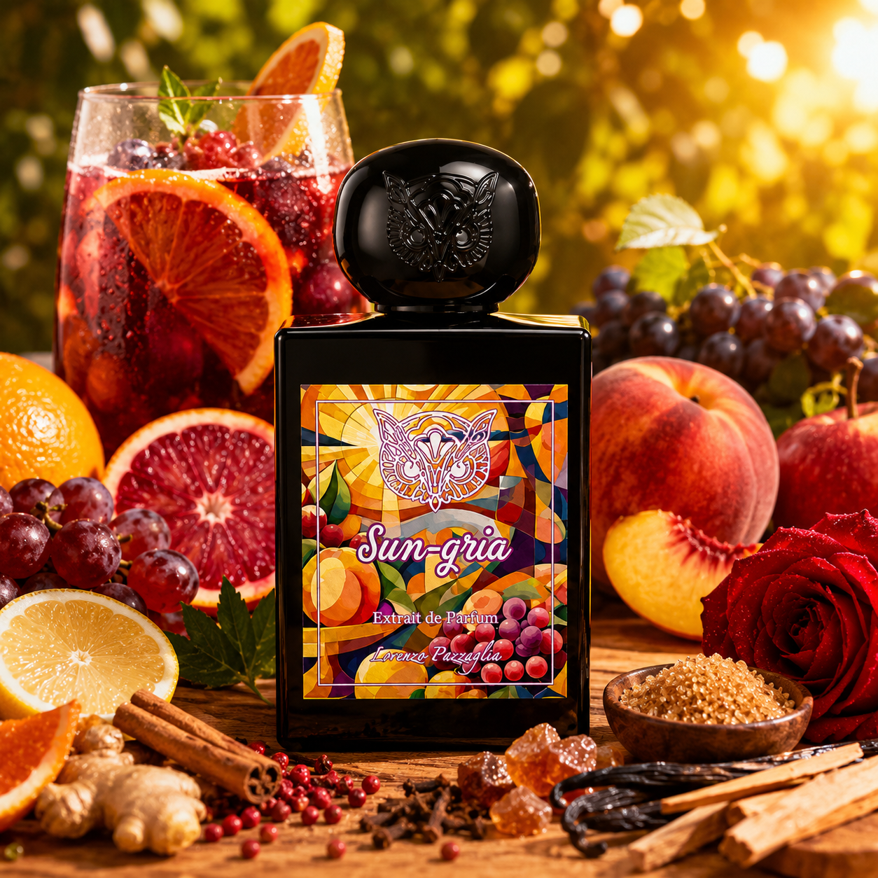 Sun Gria de Lorenzo Pazzaglia, extrait de parfum 50 ml, flacon en ambiance avec sangria, orange sanguine, citron, raisin, pêche, pomme, épices, vanille et cassonade.
