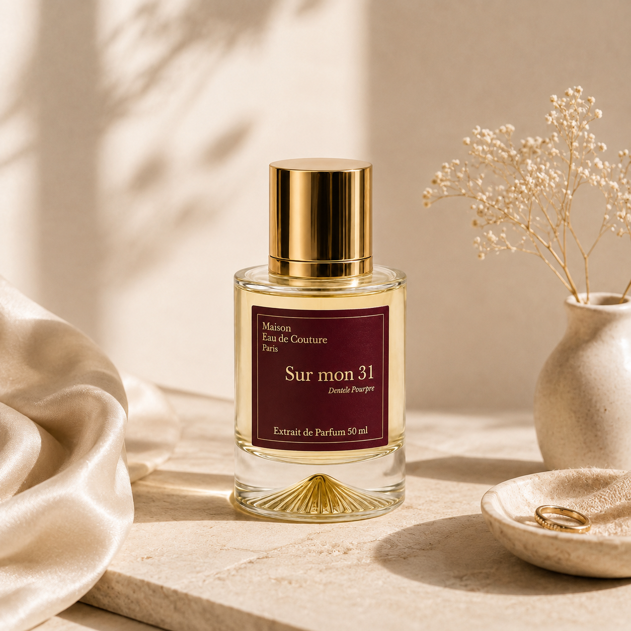 Parfum Maison Eau de Couture Sur mon 31 Extrait de Parfum 50 ml dans une ambiance élégante avec soie, alliance et fleurs séchées.