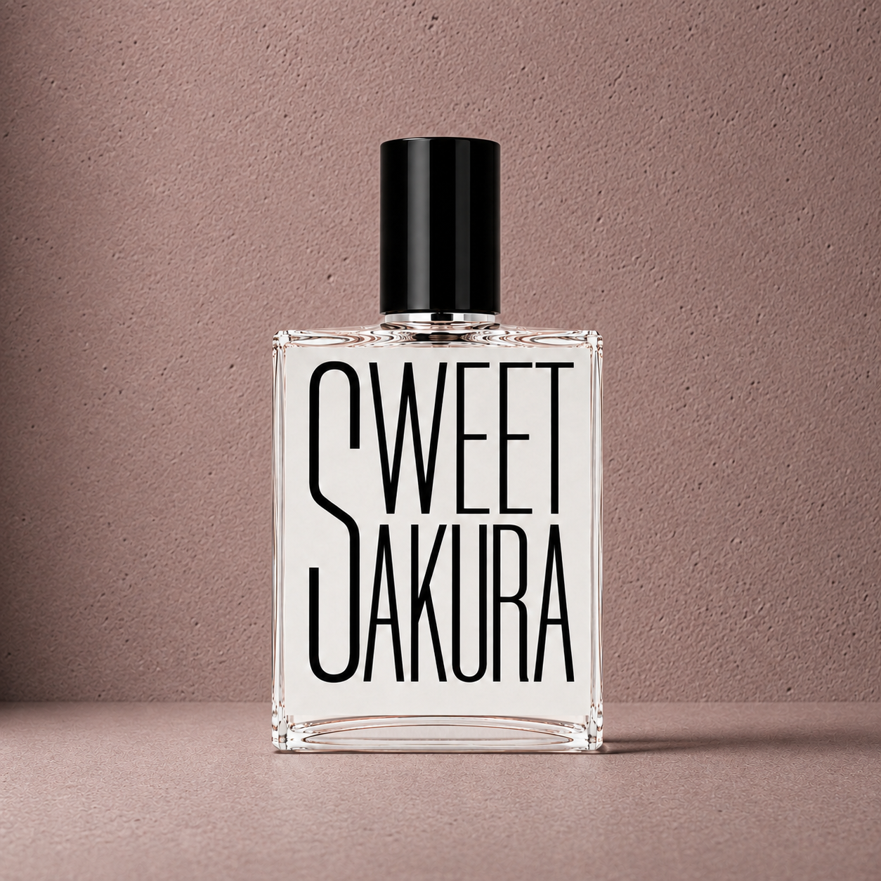 Flacon Sweet Sakura Indices Parfums mis en scène sur fond rose poudré texturé