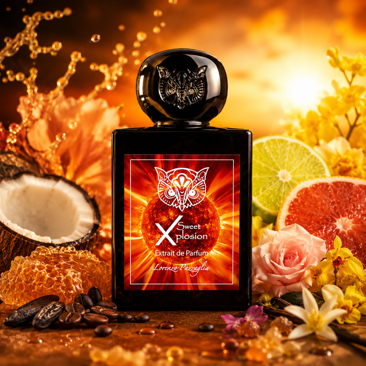 Sweet Xplosion de Lorenzo Pazzaglia, extrait de parfum 50 ml, dans une ambiance solaire et gourmande avec citron vert, pamplemousse, noix de coco, miel, rose de Taïf, ylang-ylang, café, vanille et fleurs exotiques.