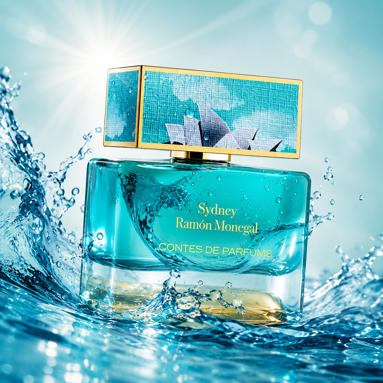 Sydney Contes de Parfums 100 ml eau de parfum dans un décor aquatique avec vagues et éclaboussures d’eau