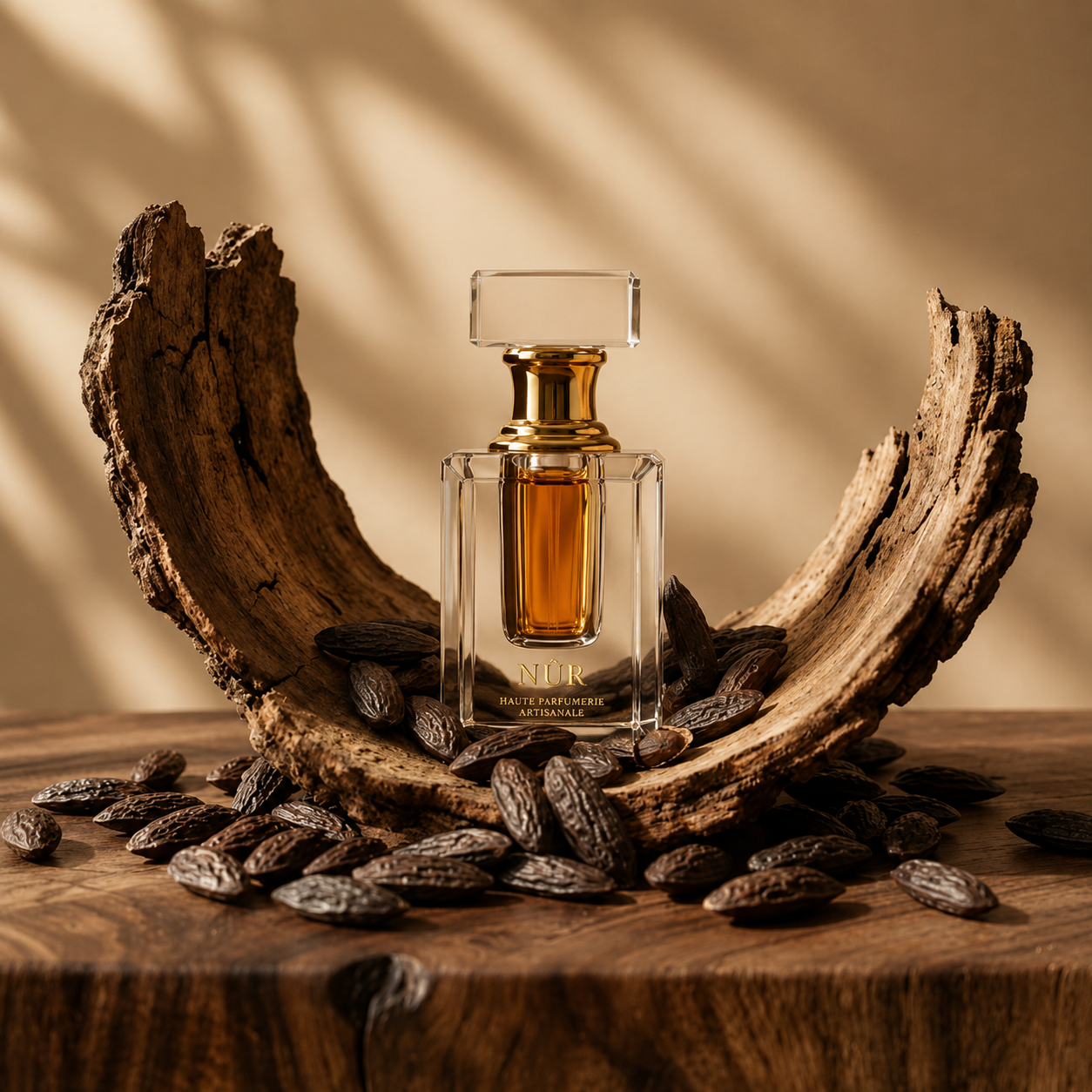 Tonka 75 de NÛR, élixir de parfum 3 ml, mise en scène évoquant les fèves tonka du Brésil et du Venezuela torréfiées.