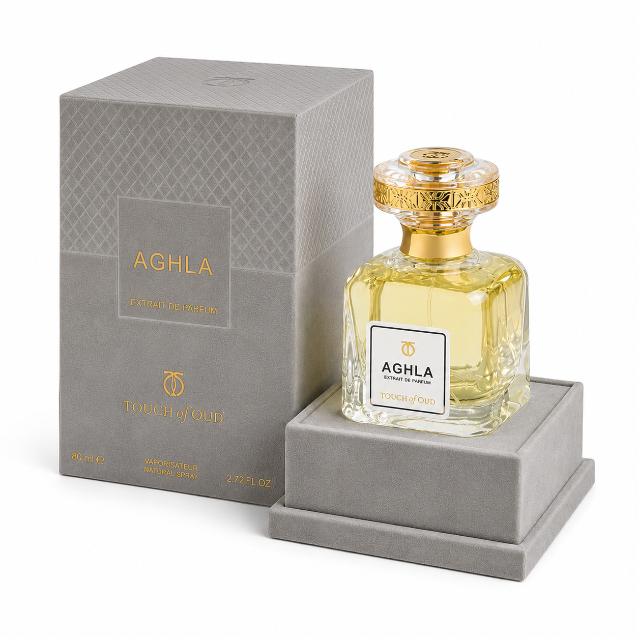 Touch of Oud Aghla Extrait de Parfum 80 ml avec flacon et coffret gris aux détails dorés