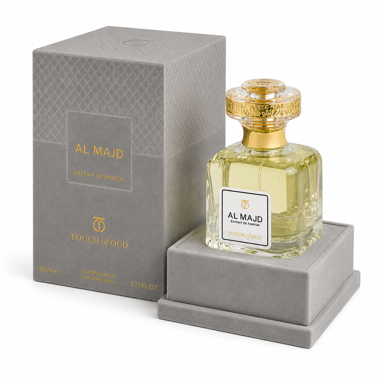 Touch of Oud Al Majd Extrait de Parfum 80 ml avec flacon et coffret gris texturé aux détails dorés