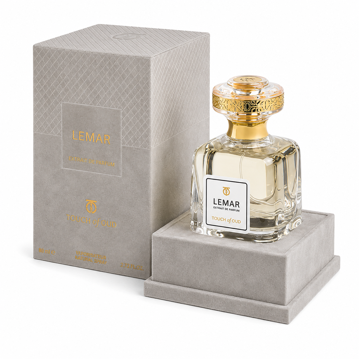 Touch of Oud Lemar Extrait de Parfum 80 ml avec flacon et coffret gris texturé aux détails dorés