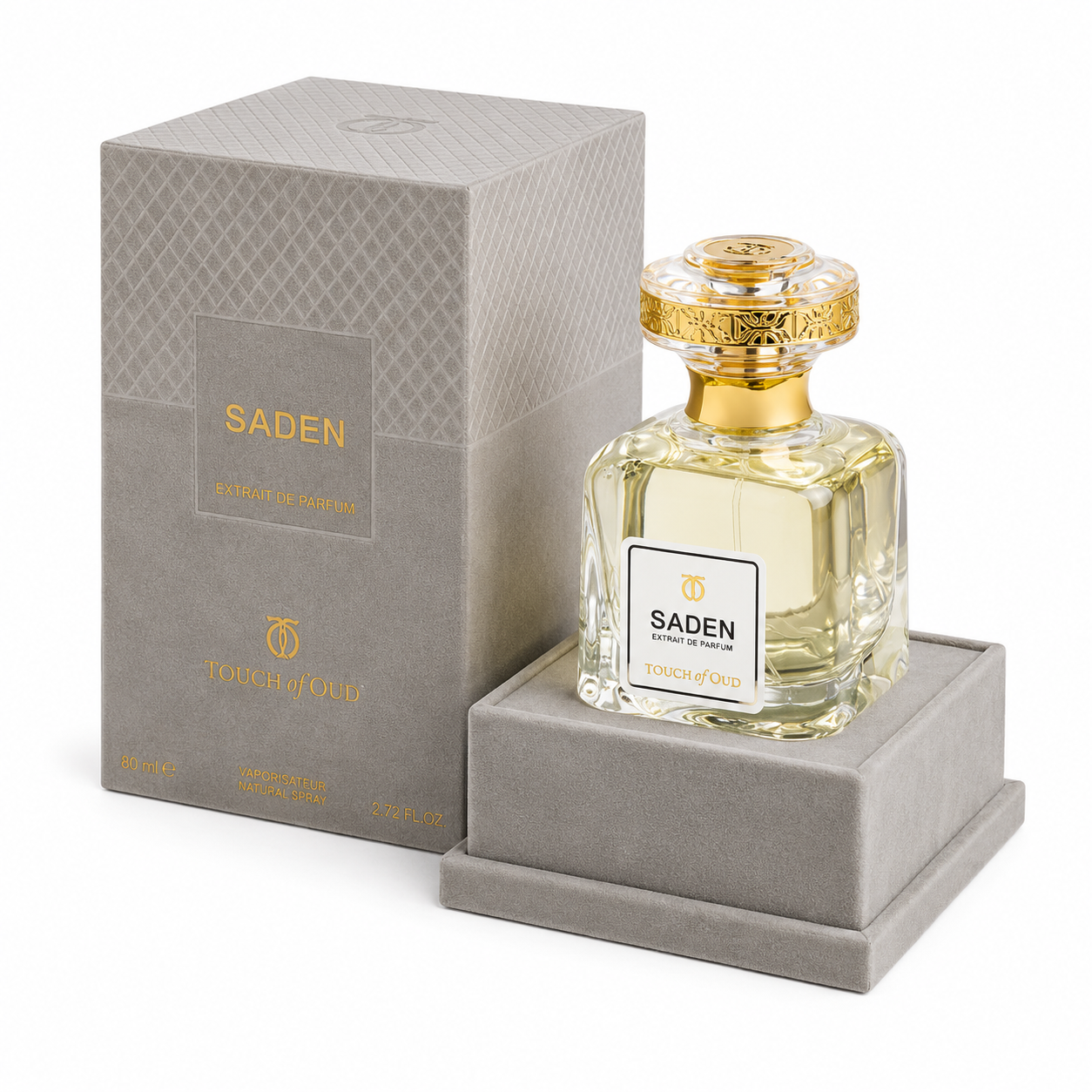 Touch of Oud Saden Extrait de Parfum 80 ml avec flacon et coffret gris texturé aux détails dorés