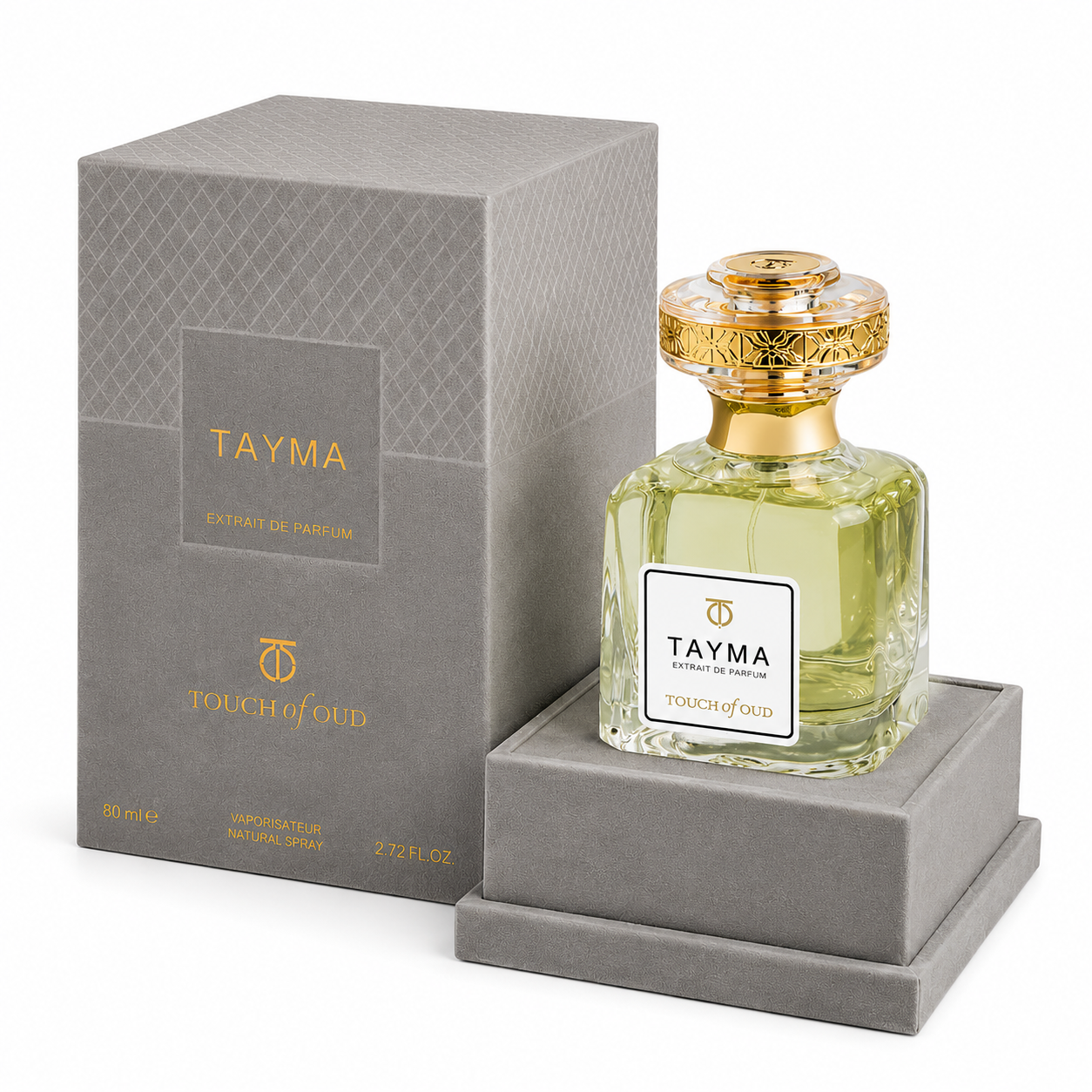 Touch of Oud Tayma Extrait de Parfum 80 ml avec flacon et coffret gris texturé aux détails dorés