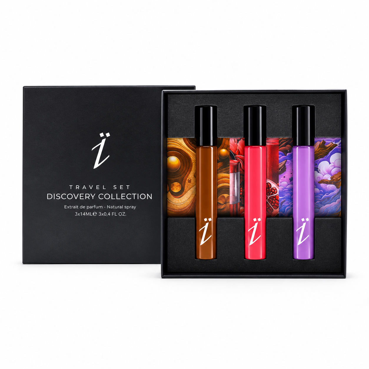 YZKINE Travel Set Discovery Collection 3 x 14 ml avec coffret et trois parfums Cuir Caramelo, Colle Nacarat et Oud Tempête