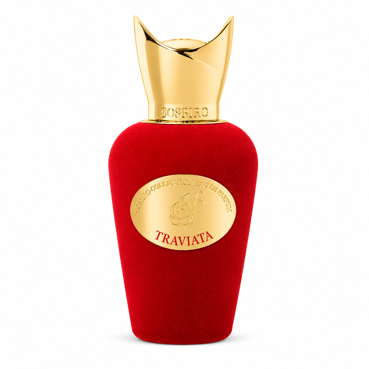 Traviata de Sospiro, eau de parfum 100 ml, flacon de velours rouge de face sur fond blanc.