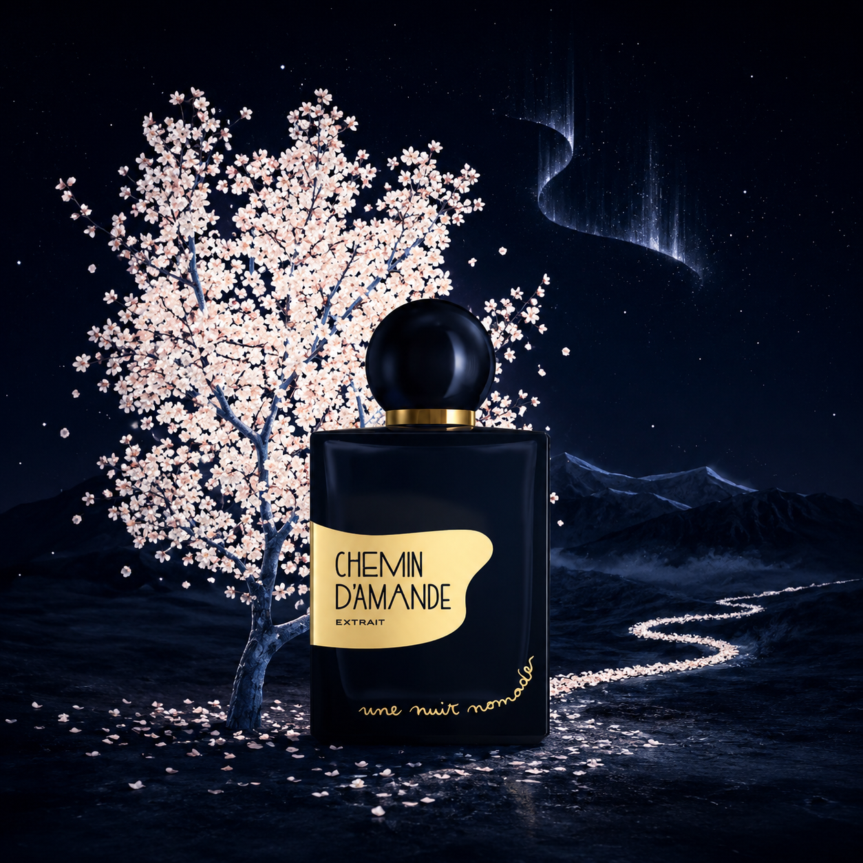 Chemin d’Amande Une Nuit Nomade Extrait de Parfum mise en scène nocturne avec amandier en fleurs