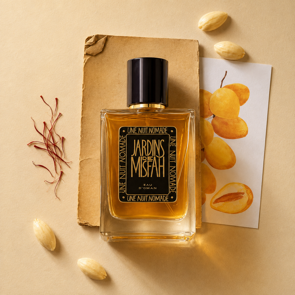 Jardins de Misfah Une Nuit Nomade Eau de Parfum mise en scène avec dattes et safran