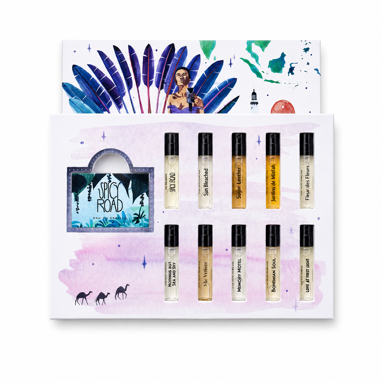 Coffret découverte Une Nuit Nomade 10 parfums format voyage ouvert sur fond blanc