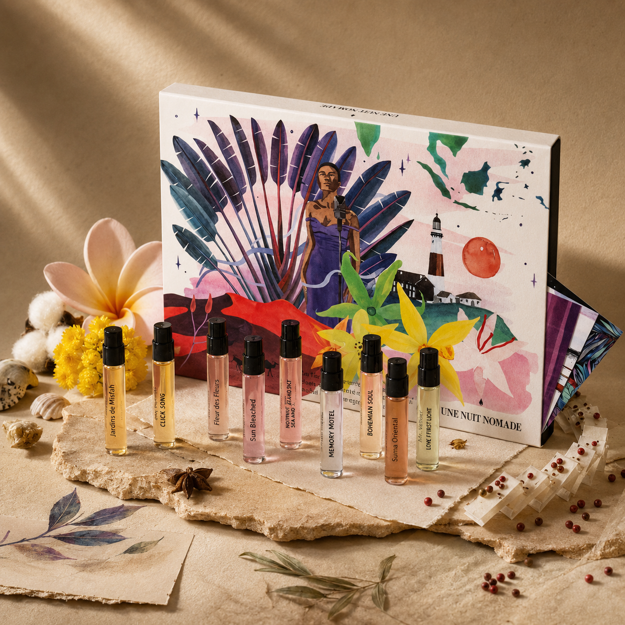 Coffret découverte Une Nuit Nomade 10 parfums mise en scène artistique