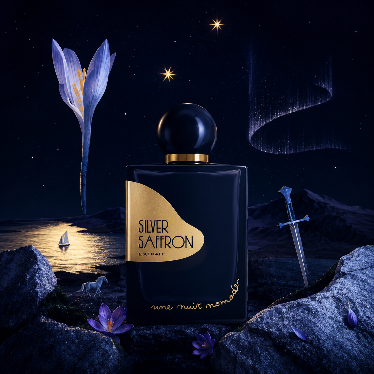 Silver Saffron Une Nuit Nomade Extrait de Parfum mise en scène nocturne avec fleur de safran