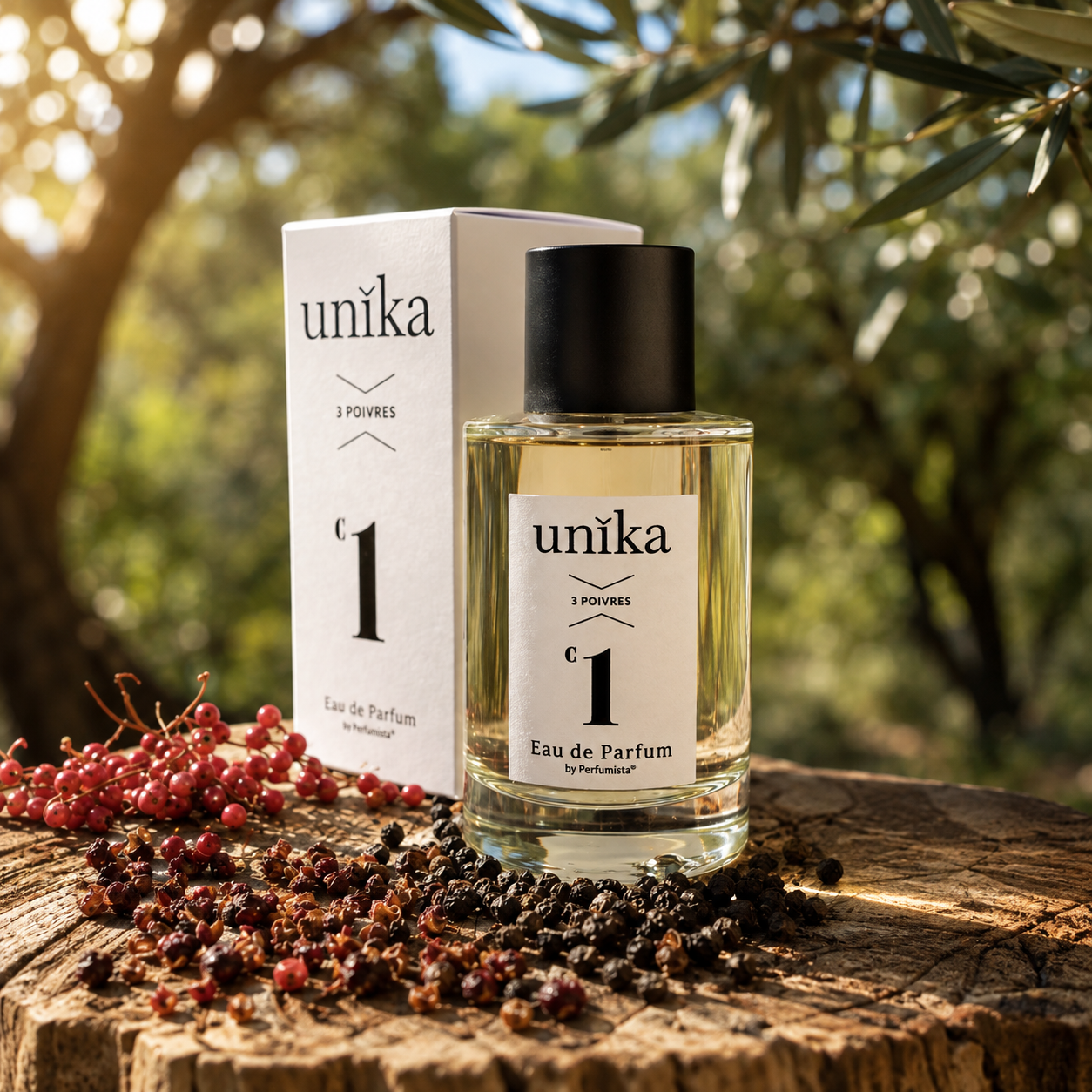3 Poivres d'UNIKA, eau de parfum, flacon en mise en scène boisée avec des baies roses et des grains de poivre noir.