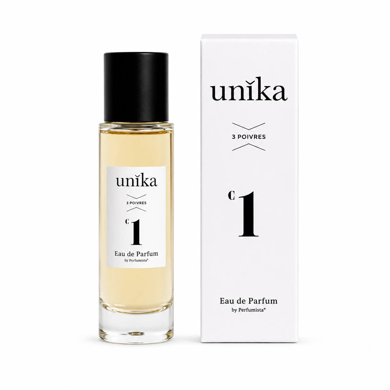 3 Poivres d'UNIKA, eau de parfum 30 ml, flacon et son étui sur fond blanc.