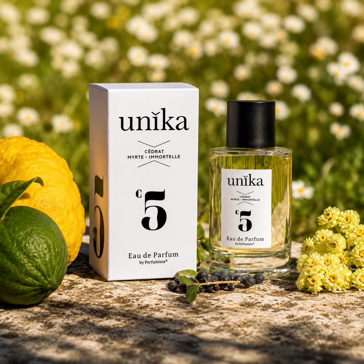 Cédrat Myrte Immortelle d'UNIKA, eau de parfum, flacon en mise en scène méditerranéenne avec cédrat, myrte et fleurs d'immortelle.
