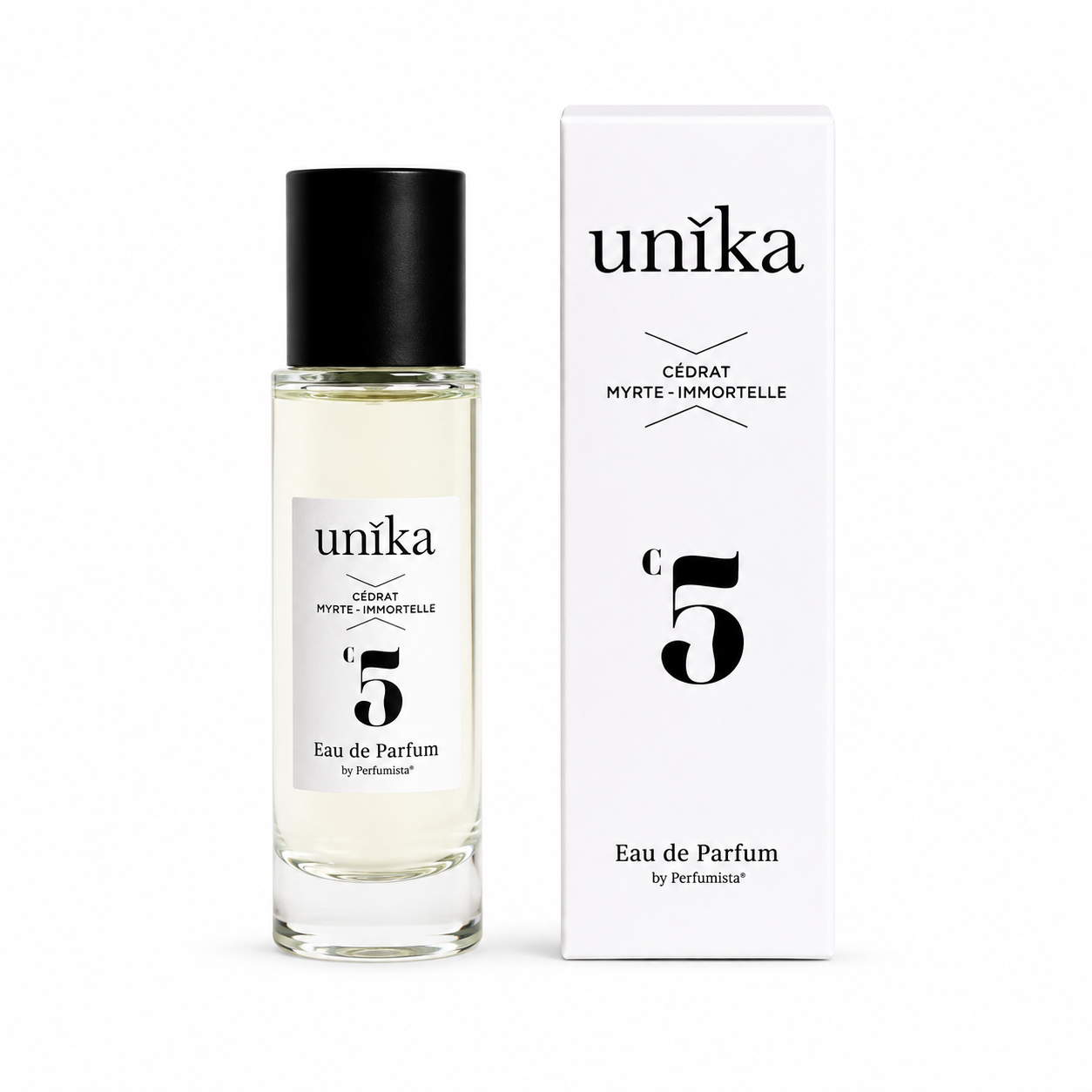 Cédrat Myrte Immortelle d'UNIKA, eau de parfum 30 ml, flacon et son étui sur fond blanc.