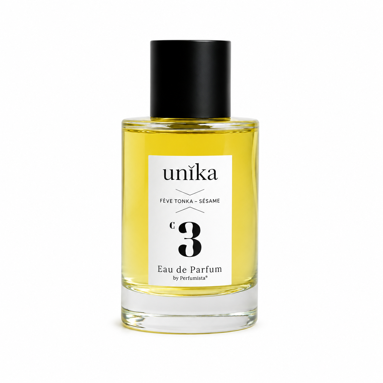 Fève Tonka Sésame d'UNIKA, eau de parfum 100 ml, flacon de face sur fond blanc.