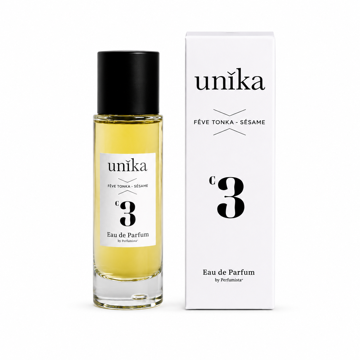 Fève Tonka Sésame d'UNIKA, eau de parfum 30 ml, flacon et son étui sur fond blanc.