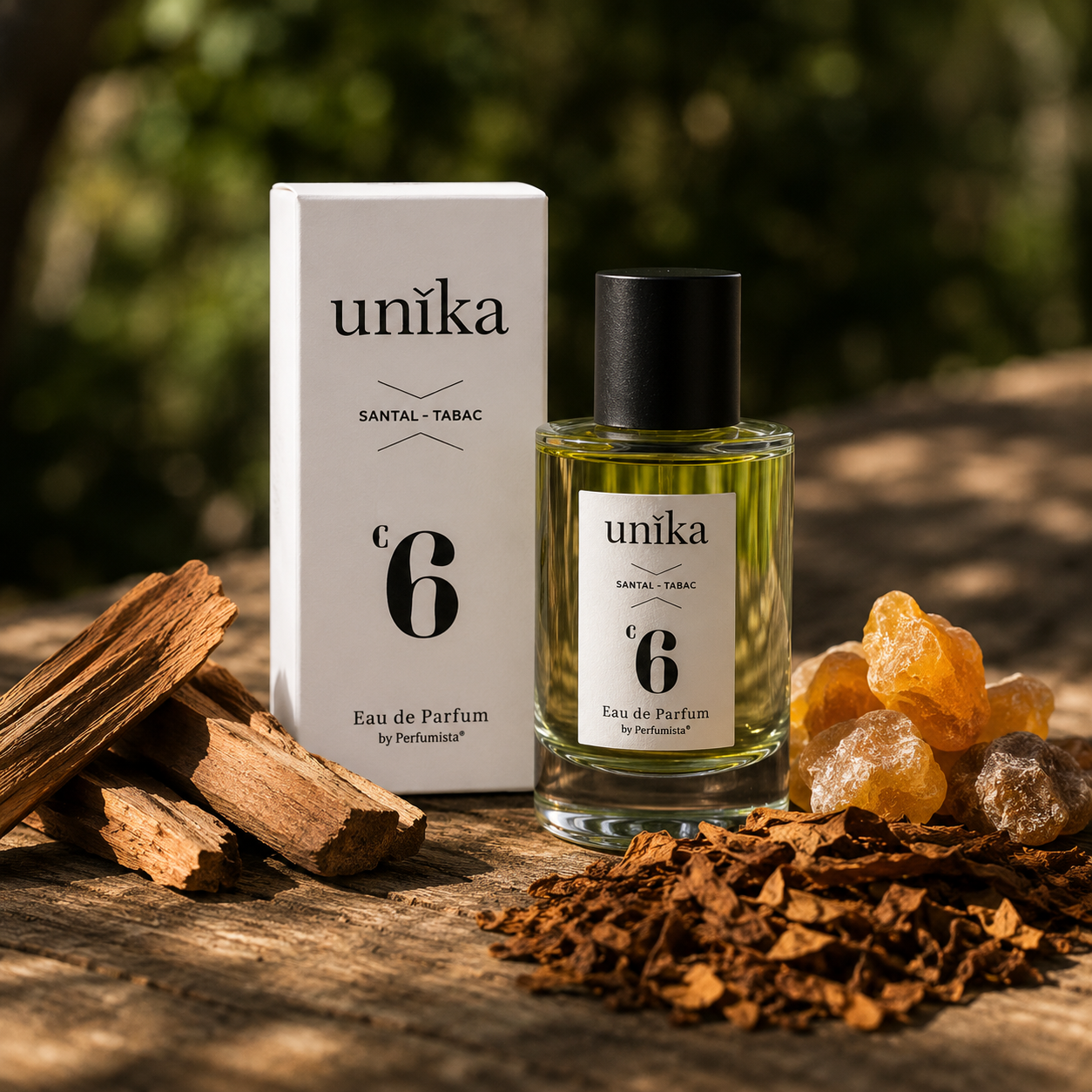 Santal Tabac d'UNIKA, eau de parfum, flacon en mise en scène boisée avec du bois de santal et des feuilles de tabac.