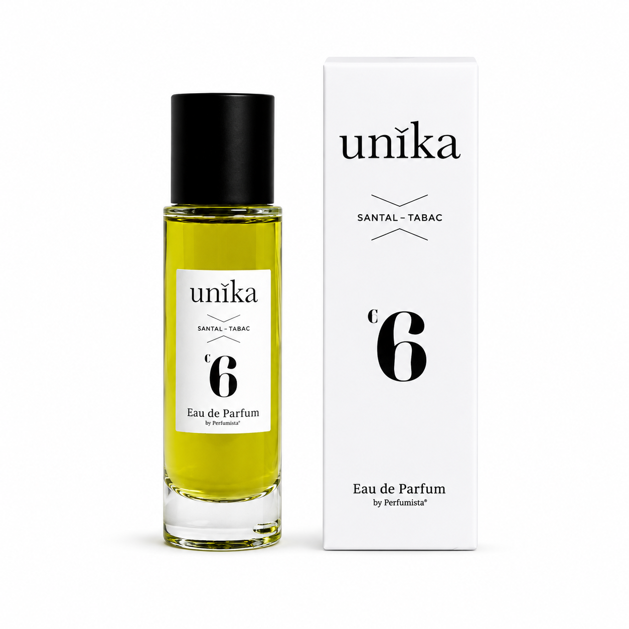 Santal Tabac d'UNIKA, eau de parfum 30 ml, flacon et son étui sur fond blanc.