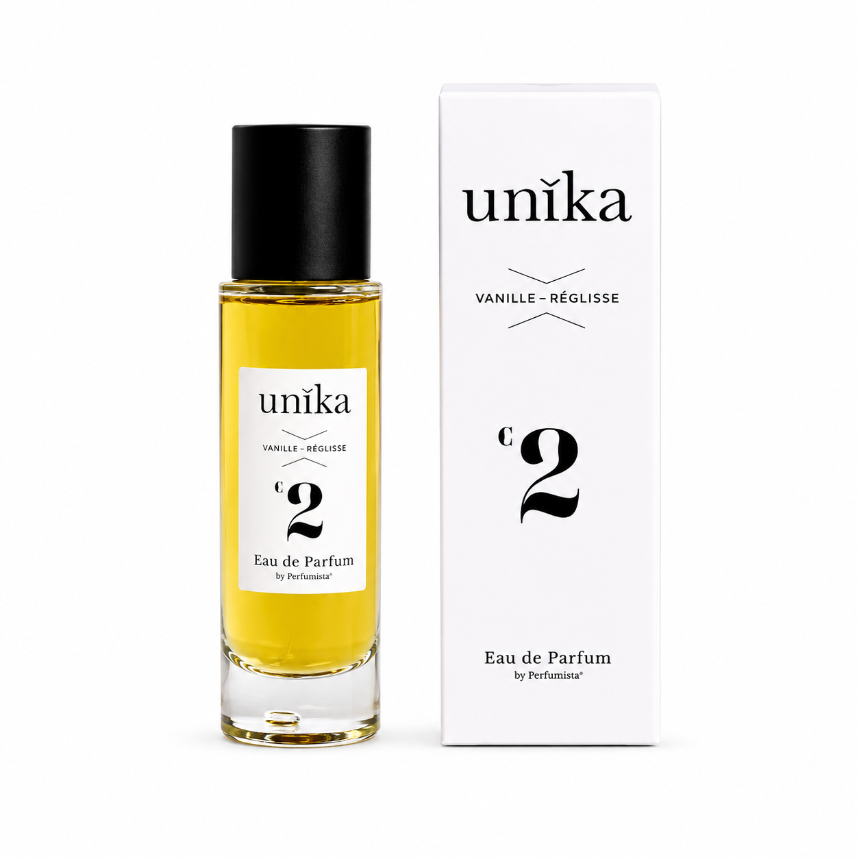 Vanille Réglisse d'UNIKA, eau de parfum 30 ml, flacon et son étui sur fond blanc.