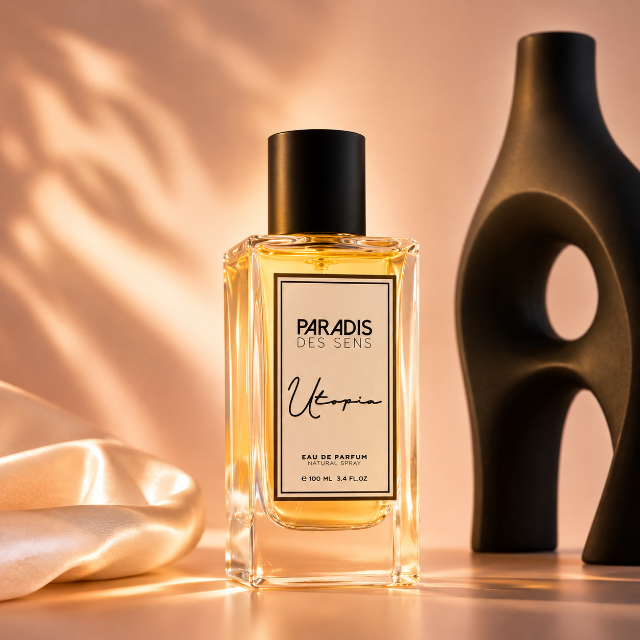 Utopia de Paradis des Sens, eau de parfum 100 ml, flacon transparent en mise en scène.