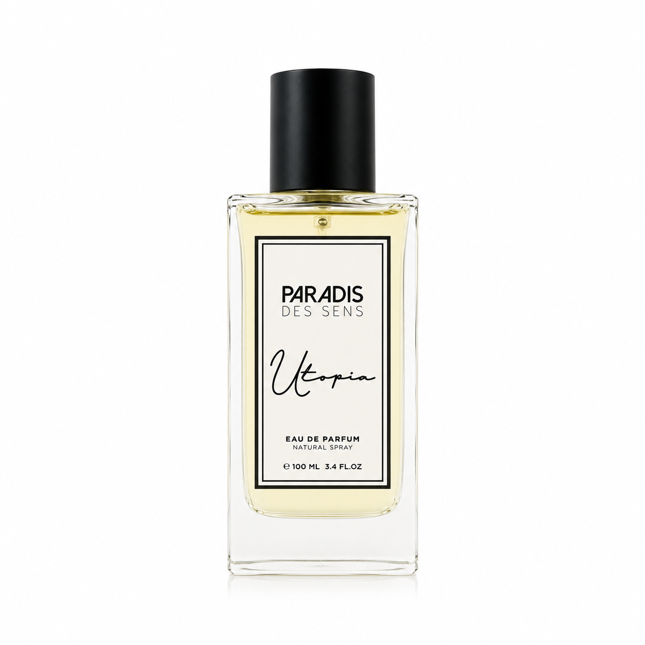 Utopia de Paradis des Sens, eau de parfum 100 ml, flacon transparent au jus ambré de face sur fond blanc.