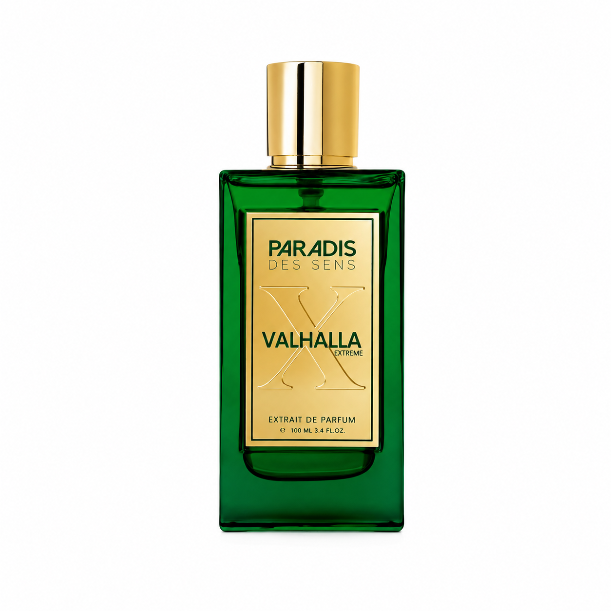 Valhalla Extreme de Paradis des Sens, extrait de parfum 100 ml, flacon vert de face sur fond blanc.