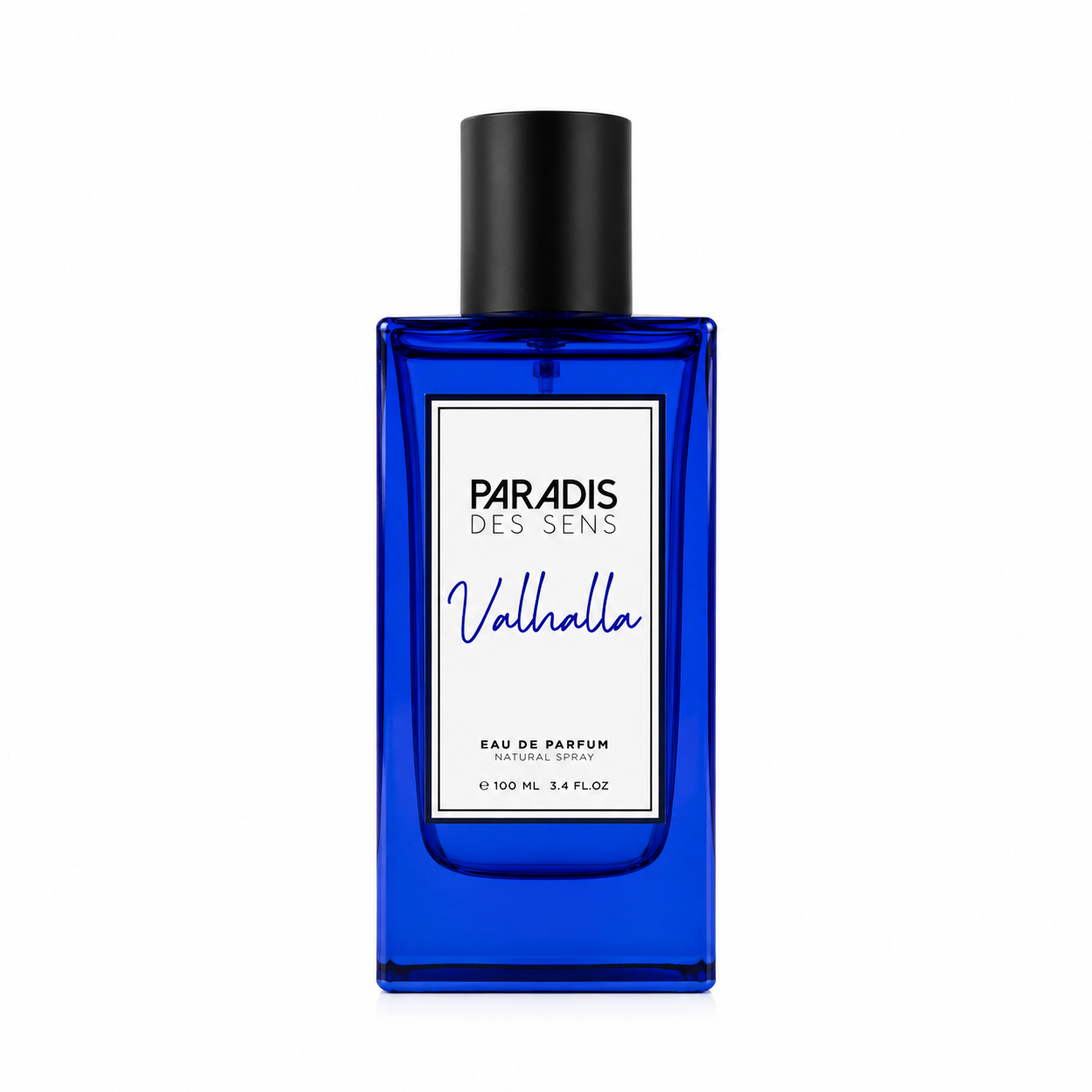 Valhalla de Paradis des Sens, eau de parfum 100 ml, flacon bleu de face sur fond blanc.