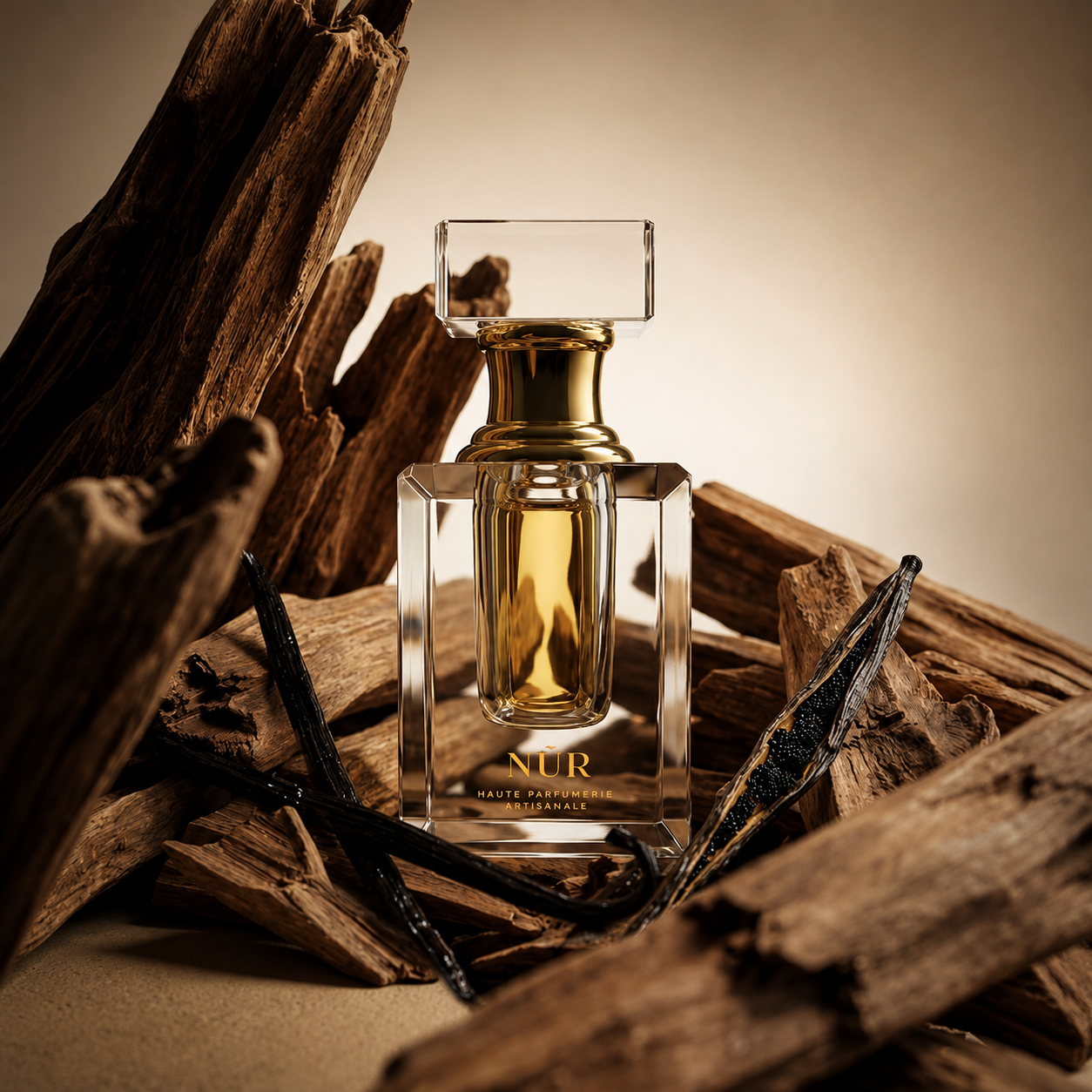 Vanille Antahala de NÛR, élixir de parfum 3 ml, mise en scène évoquant la vanille d'Antalaha à Madagascar.