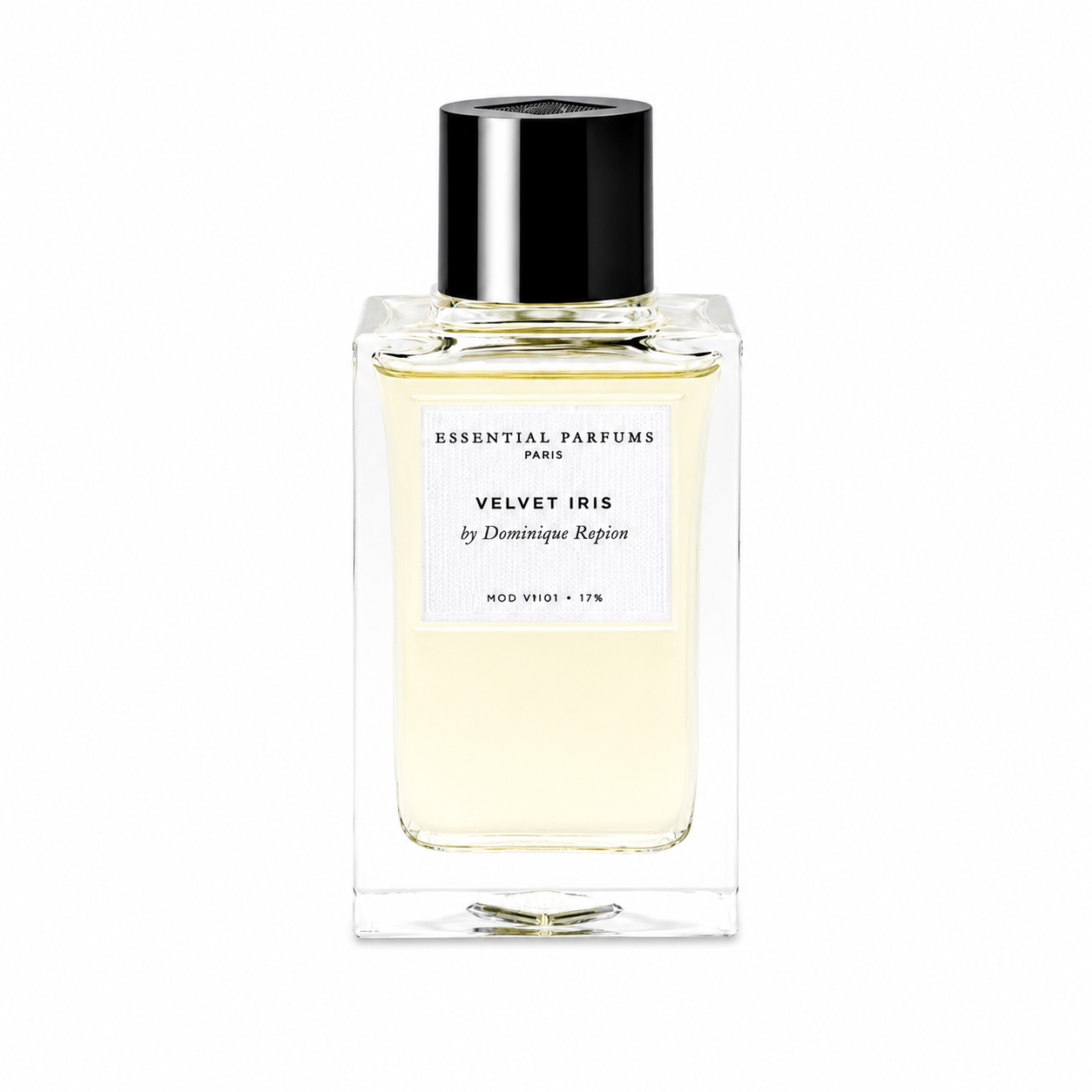 Velvet Iris d'Essential Parfums, eau de parfum 100 ml, flacon de face sur fond blanc.