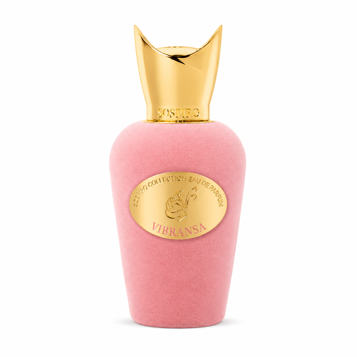 Vibranna de Sospiro, eau de parfum 100 ml, flacon de velours rose de face sur fond blanc.