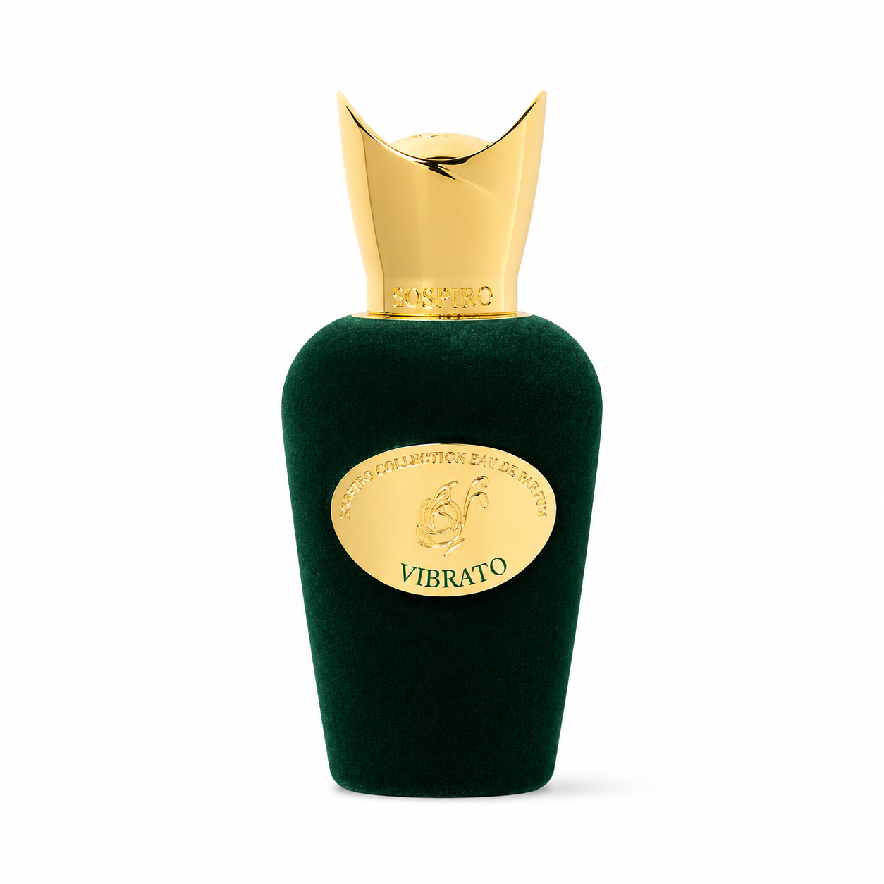 Vibrato de Sospiro, eau de parfum 100 ml, flacon de velours vert de face sur fond blanc.