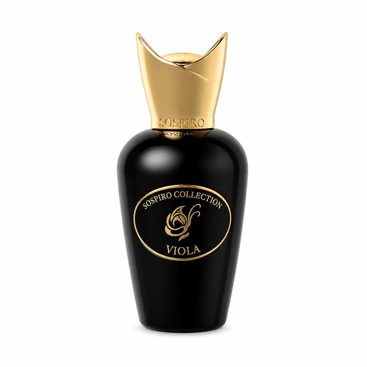 Viola de Sospiro, eau de parfum 75 ml, flacon de verre noir laqué de face sur fond blanc.