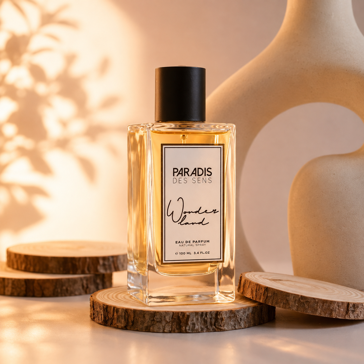Wonderland de Paradis des Sens, eau de parfum 100 ml, flacon transparent en mise en scène.