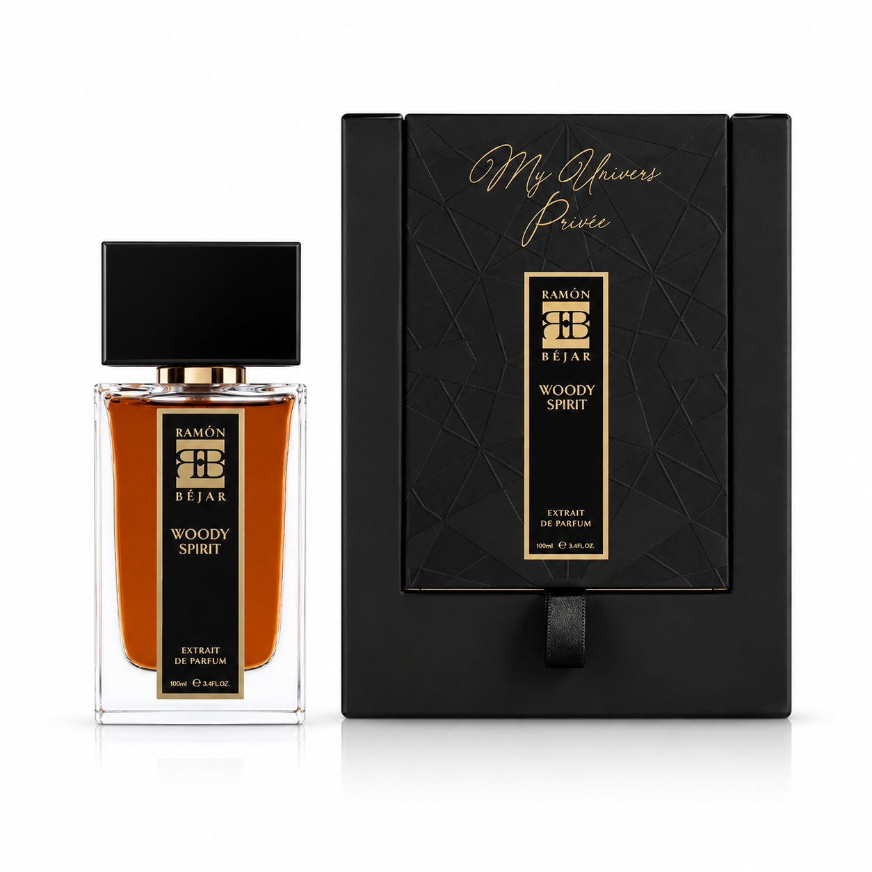 Woody Spirit Ramón Béjar extrait de parfum 100 ml avec coffret sur fond blanc