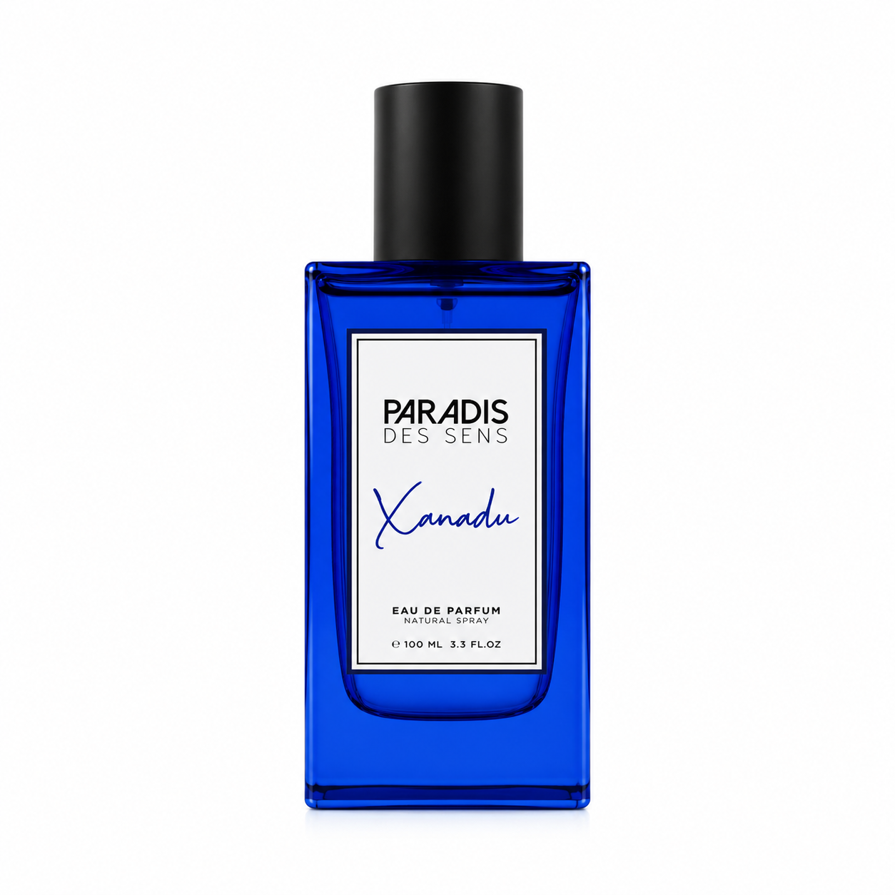 Xanadu de Paradis des Sens, eau de parfum 100 ml, flacon bleu de face sur fond blanc.